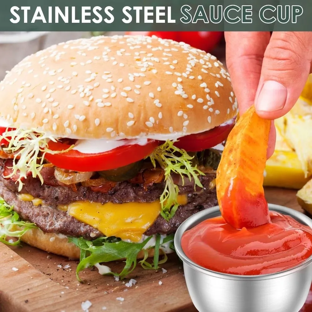 1/6PCS Plastic Lids Dipping Sauce Cups Portable Reusable Stainless Steel Bowls Round Shape 40ml Salad Dressing Dish