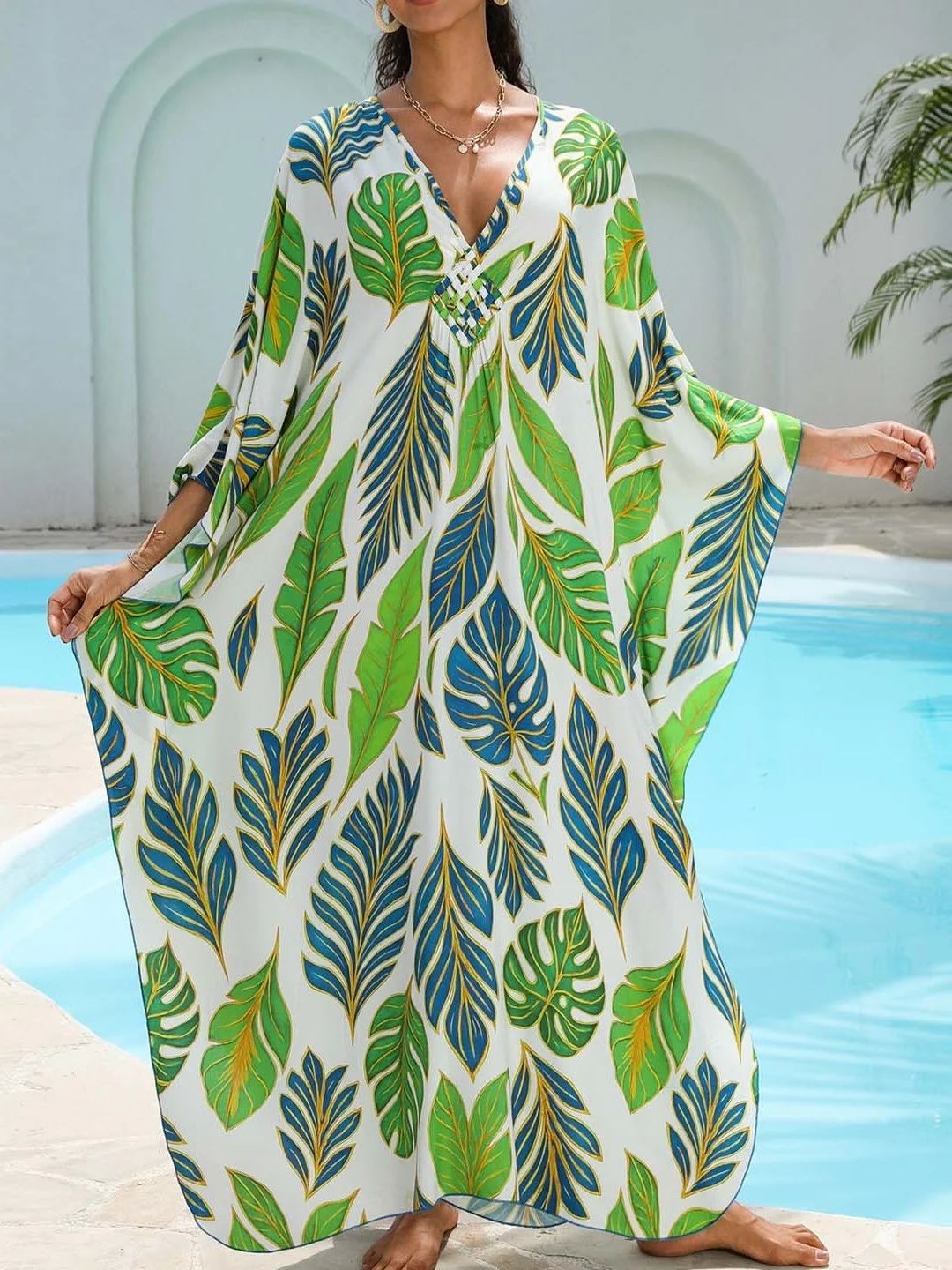 N Sle Long Dr Loose Fit Beach Vaion Aosphere Sensation Print Cotton V-Ne A-Line تنورة ماكسي Dr