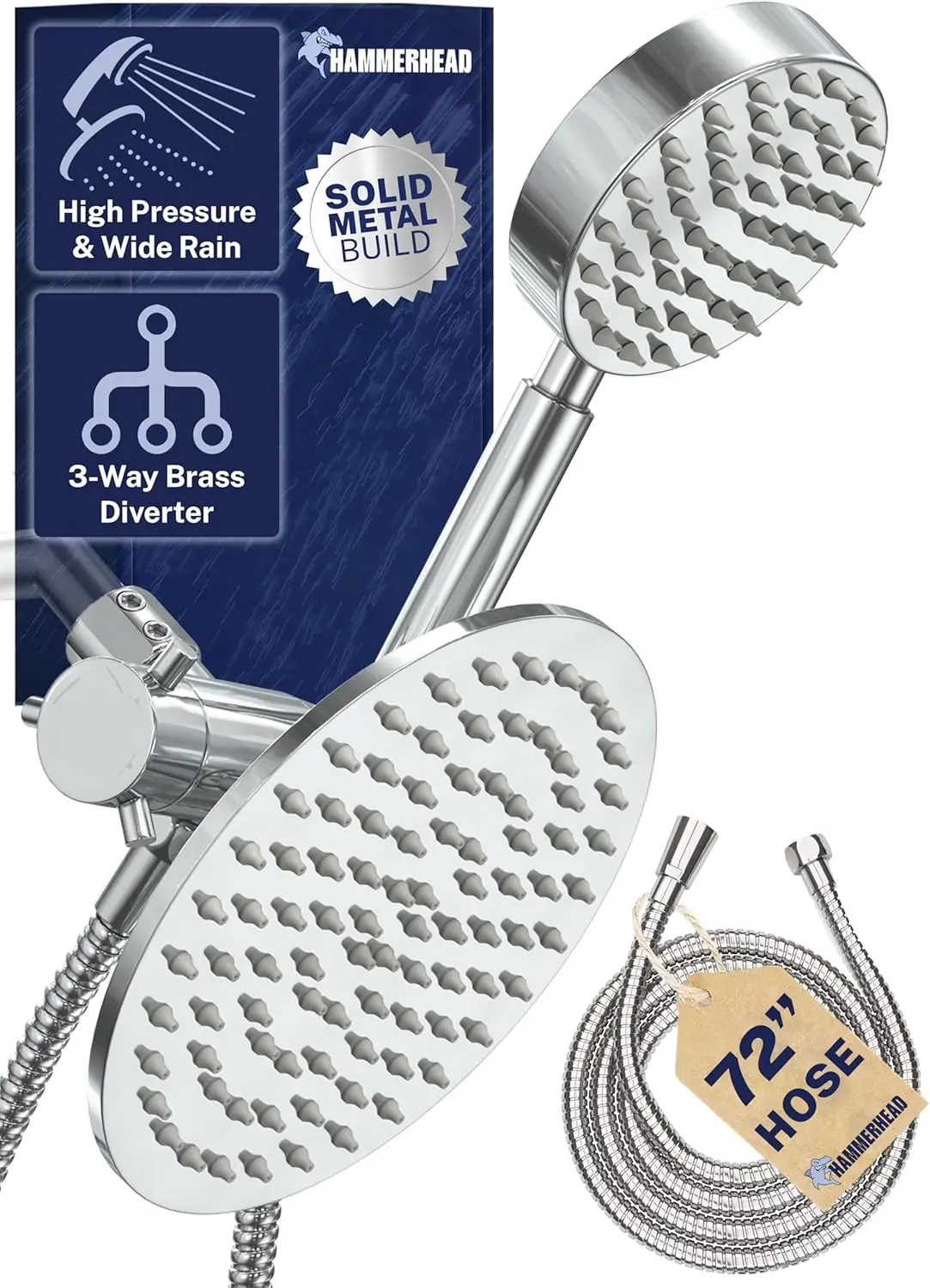 8 Inch Rainfall High Flow Dual Shower Head Combo with Handheld and Hose - Chrome Finish