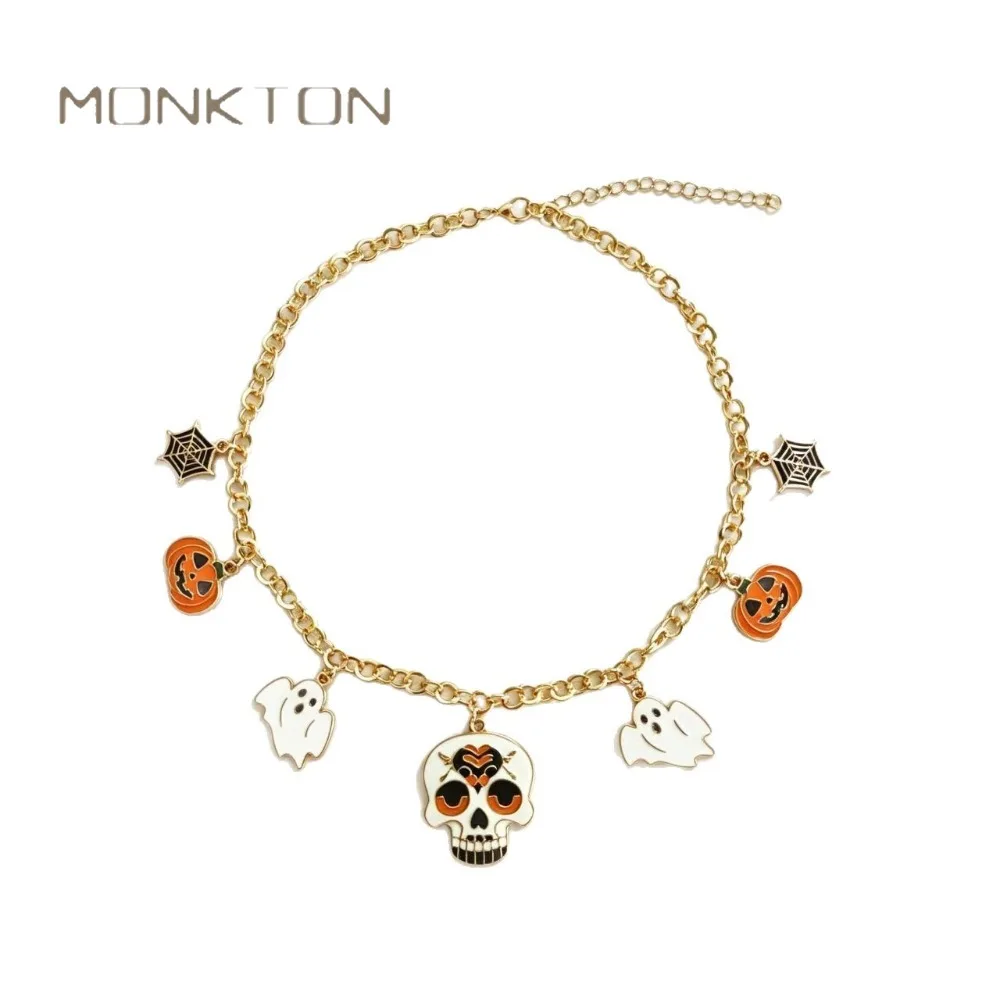Monkton Halloween Charm Necklace for Women Gothic Skull Pumpkin Ghost Spider Web Enamel Pendant Necklace Party Costume Jewelry