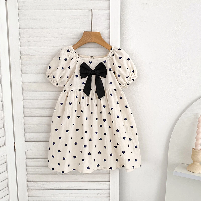 2026 New Summer 2-6Yrs Clothing Kids Princess Cotton Heart-shaped Dress Puff Half Sleeved Baby Girl Birthday Party Bow Dress