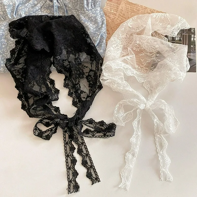 Lace Up Floral Triangle Headscarf Women Summer Hairband Fashion Mesh Flower Hair Wrap Lightweight Breathable Head Cover Headband