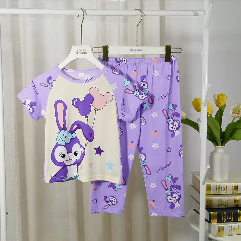 Girls Summer Short Sleeved Long Pants Children\'s Pajamas Sets for Children Thin Girls Cartoon Pajama Girl Sleepwear Robe Mother