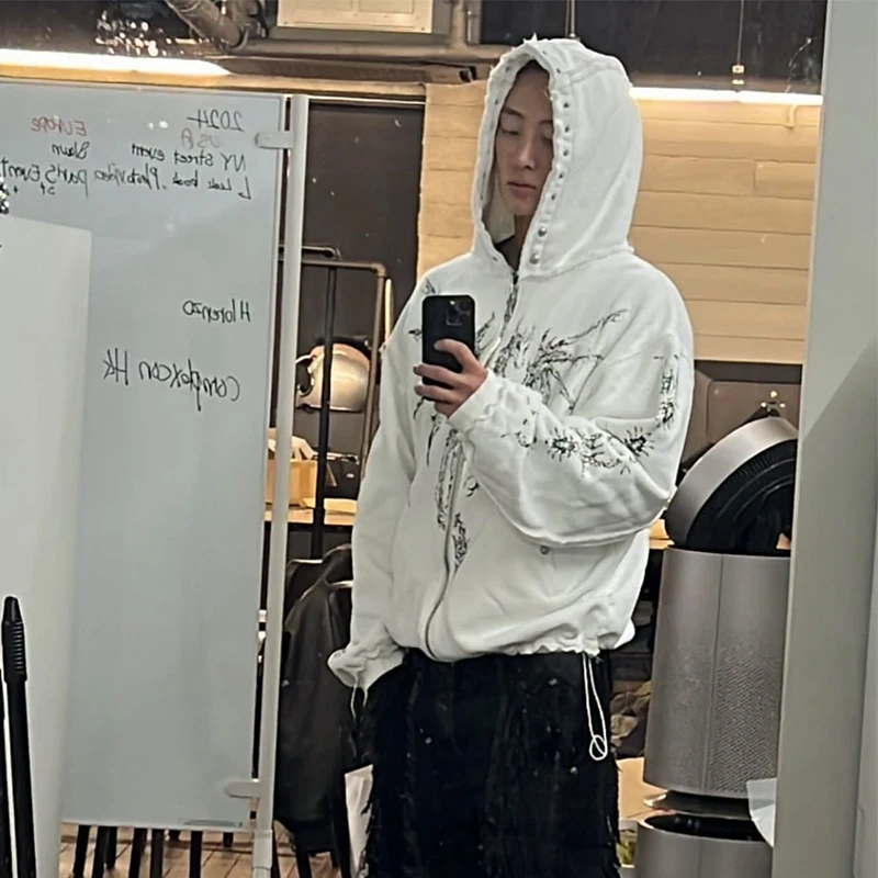 سترة Thug Club الجديدة ذات الوزن الثقيل المضلع بطباعة الشيطان الرصع المتعثرة كبيرة الحجم وأكمام طويلة وقلنسوة وسحاب #2