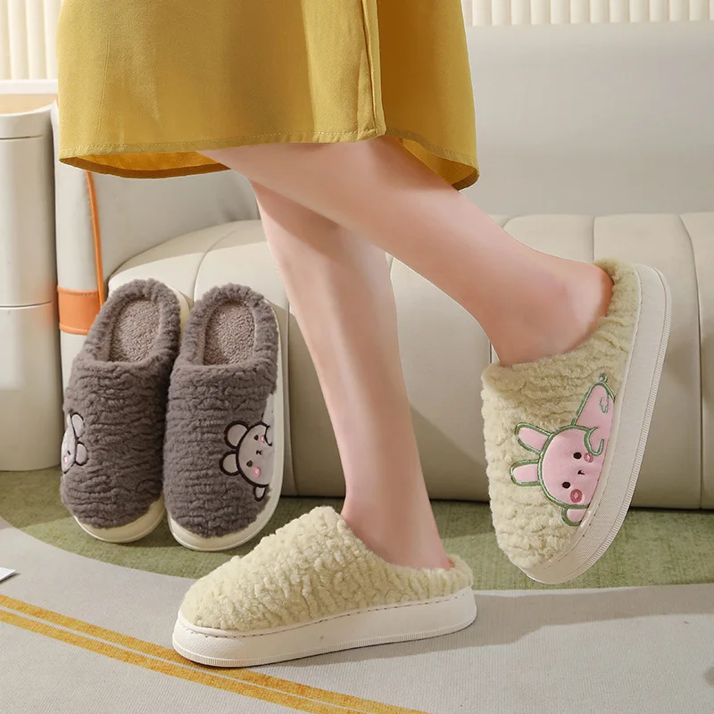 2023 Winter House Slipper Women Fuzzy Cartoon Rabbit Bear Warm Plush Indoor Floor Non Slip Home Men Shoes Female Slippers