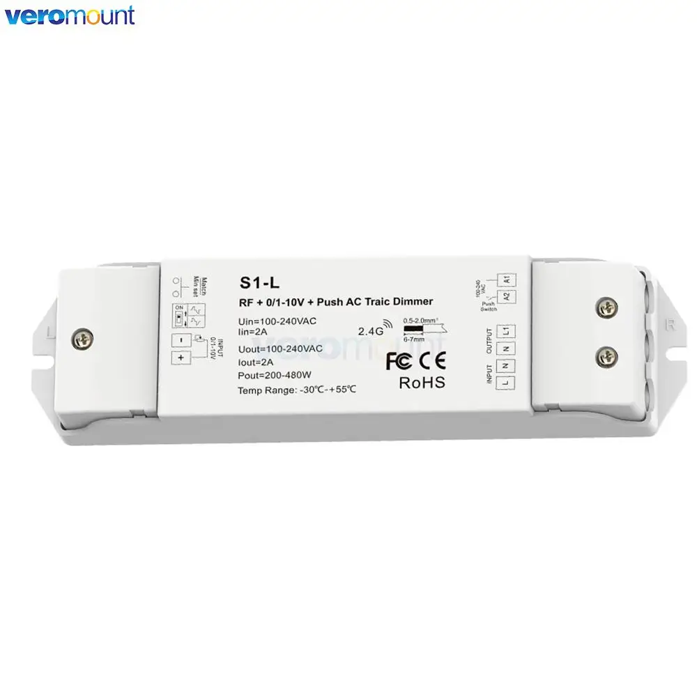 Skydance S1-L AC 110V 220V 1CH*2A RF+0/1-10V Push AC Phase-cut Dimmer 1 Channel Output 200-480W For Dimmable LED Lamps