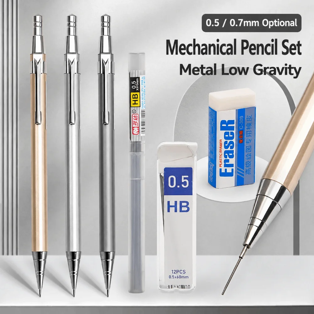 13pcs/set Metal Mechanical Pencil Set 0.5/0.7mm Break Resistant Automatic Pencil Low Center of Gravity HB Lead Pencils