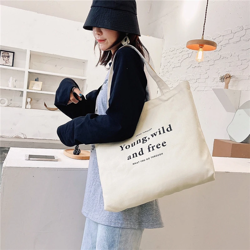 女性のための大容量キャンバスショッピングバッグ,女性のショルダーバッグ,エコハンドバッグ,再利用可能なバッグ,カジュアル,文字の印刷