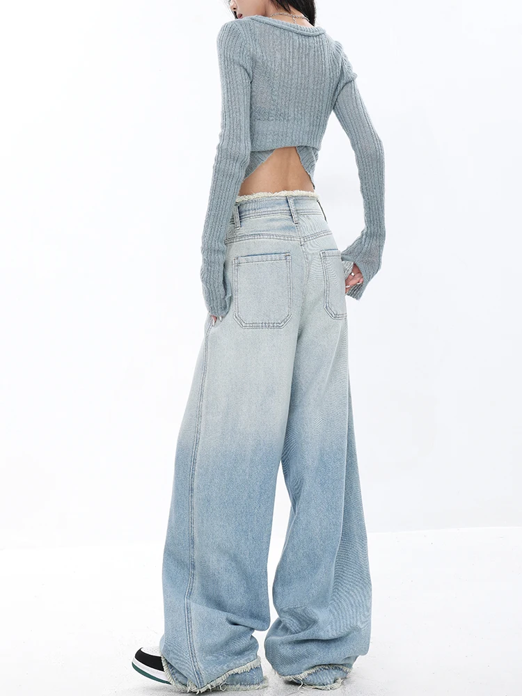 Jeans sfumati Y2k blu chiaro da donna Harajuku pantaloni in Denim Oversize Streetwear pantaloni Jeans a gamba larga abbigliamento Vintage 2000s