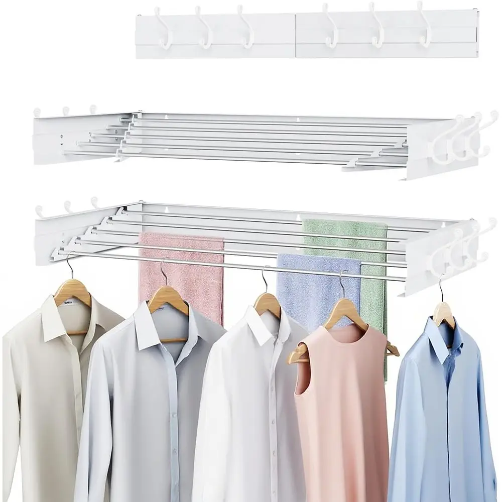 

Collapsible Wall Mounted Clothes Drying Rack, Space Saving, 13.2 Linear ft, 5 Rods, 60 lb Capacity, 40 Wide