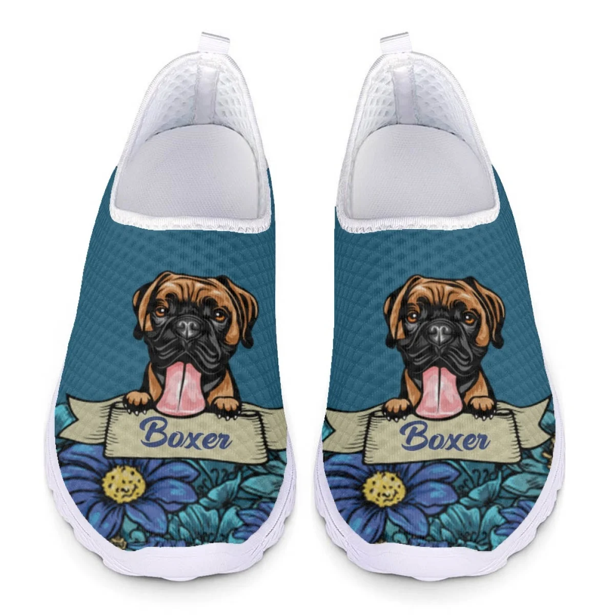 INSTANTARTS Lovely Boxer Dog Print Slip-on Mesh Shoes Custom Personalized Flats for Dog Lovers Floral Light Loafers for Mom Gift