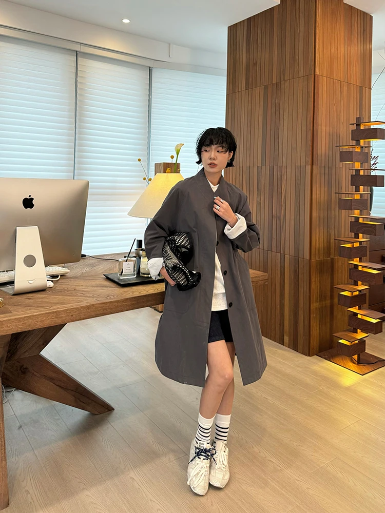 

Spring 25SS BUUE ey Mid-Length Faionable Versatile Coat Korean Casual Loose Fit Pure Color Long Sve round Ne Butto...