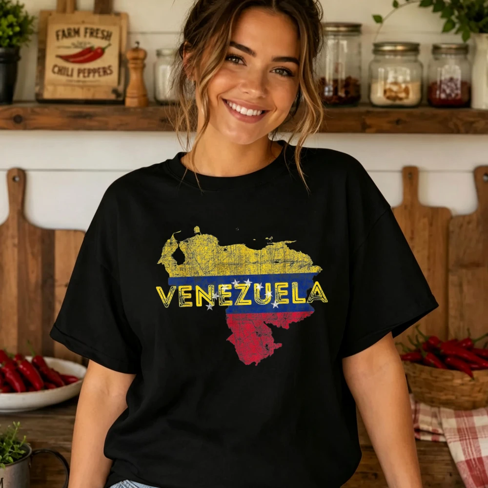 Vintage Distressed Venezuela Map with National Flag Color Print Men Women Cotton T Shirt Patriotic Pride Venezuelan Heritage Top
