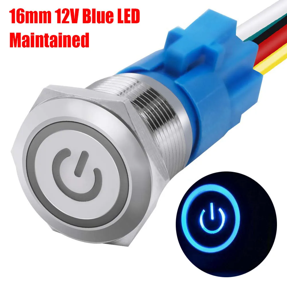 Waterproof Button Switch 12V With Wire Socket 250VAC 5A Blue Electronic Equipment Push Stainless Steel Harness