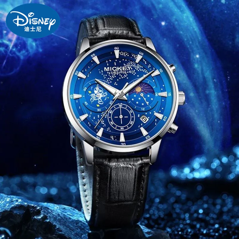 

Disney For Mens Watch Mickey Mouse Galaxy Sky Dial Male Quartz Wristwatch Moon Phase Curved Arc Dialwindow Male New Reloj Hombre