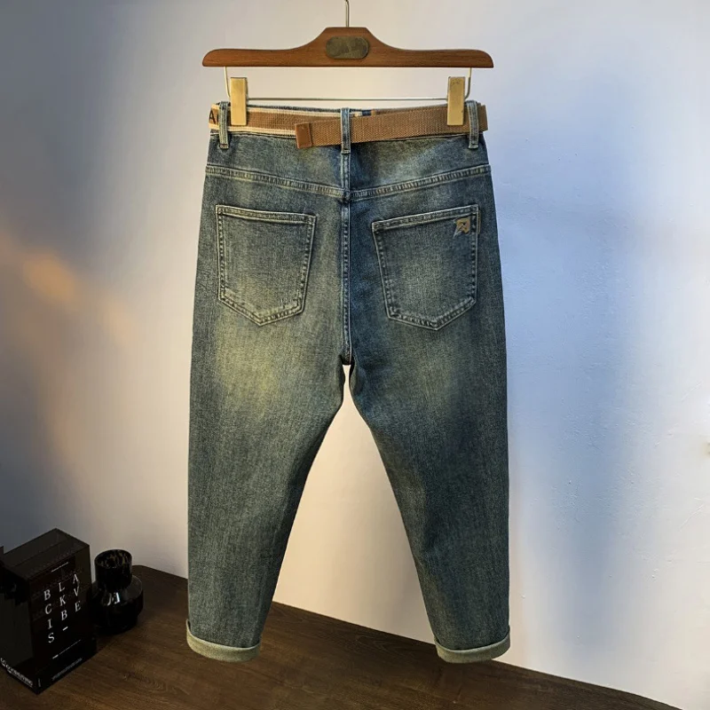 Celana panjang jeans Bordir modis untuk pria, celana panjang denim bordir modis slim fit gaya Korea musim gugur 2024, celana panjang jeans longgar elastis untuk pria