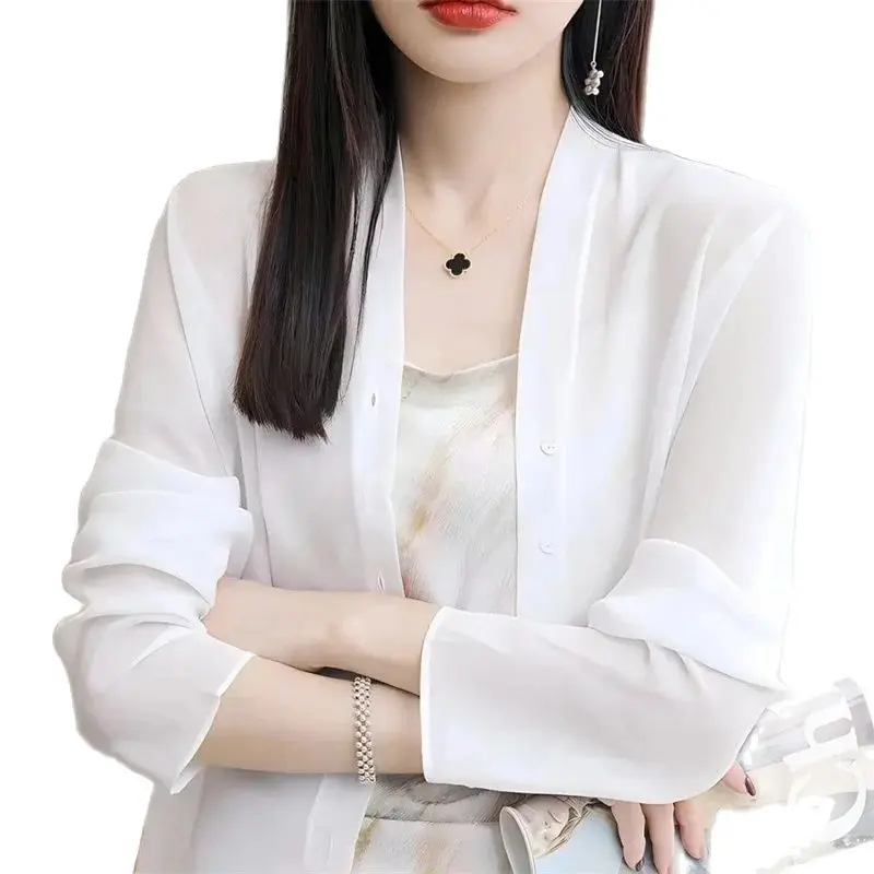 V-Neck Sun-Proof Chiffon Women Shirt Cardigan 2024 Summer Thin Micro-Transparent Ice Silk Shawl Blouse