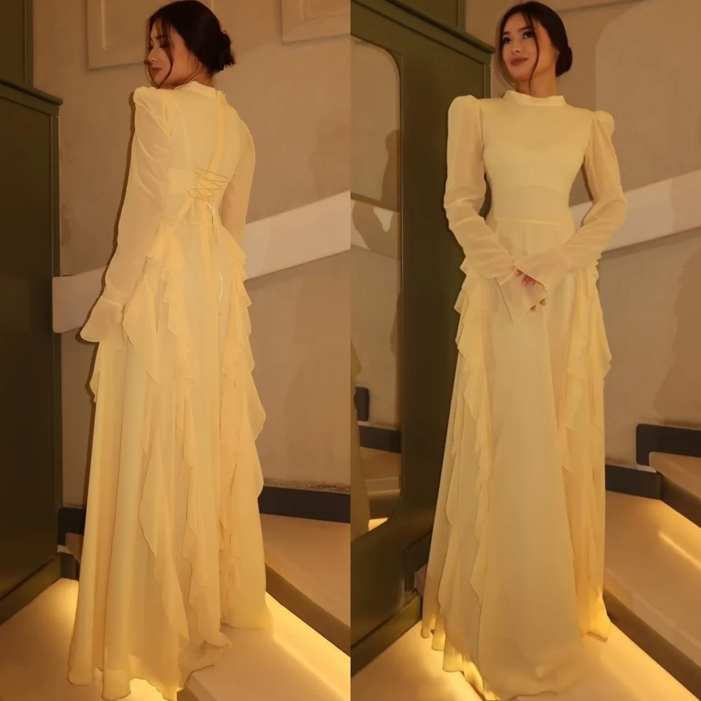 

Customized Soft Yellow Chiffon Evening Dresses Exquisite High Collar Long Sleeves Homecoming Dresses Temperament Celebrity Gowns