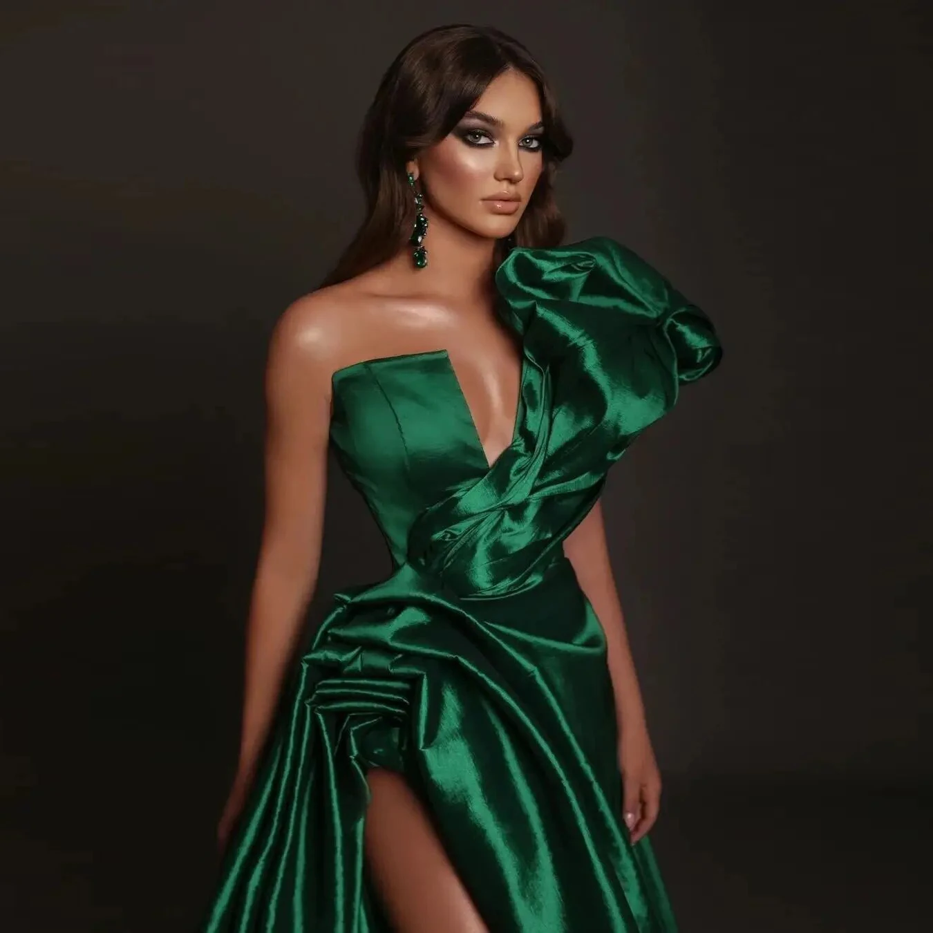 Emerald Green A Line Women Dresses Draped Side Split Maxi Dress Special Occasion High Couture Long Prom Gown Satin