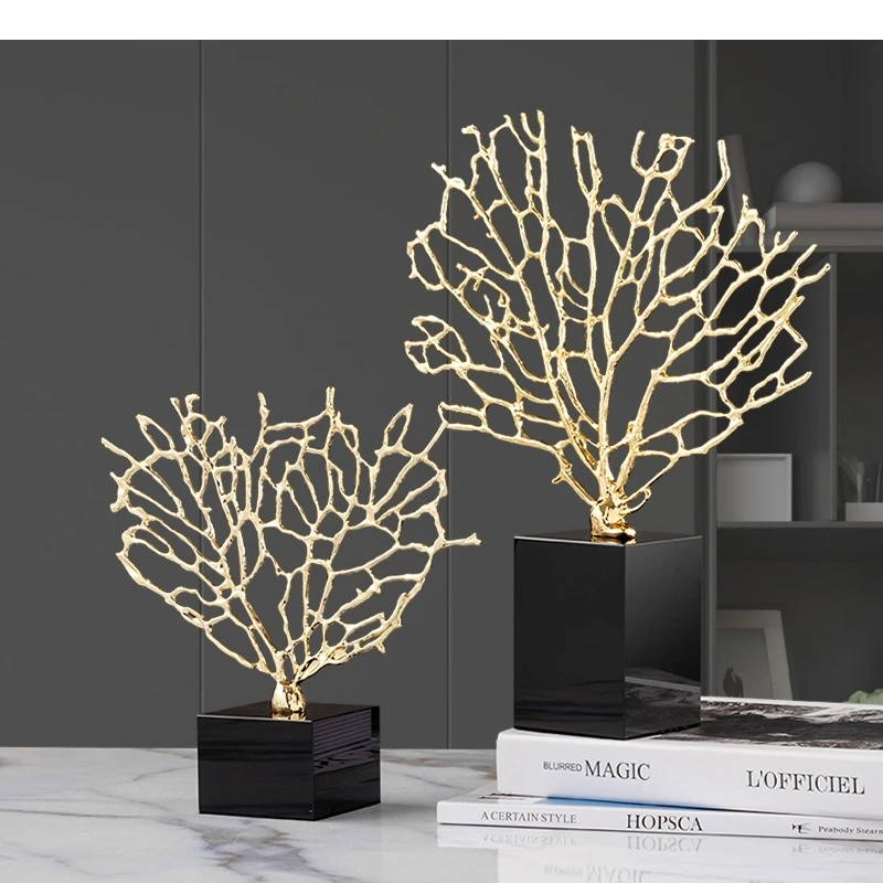 Minimalist Alloy Coral Crafts Ornaments Black Crystal Base Desktop Decor Artwork Statuette Living Room Decoration Furnishings