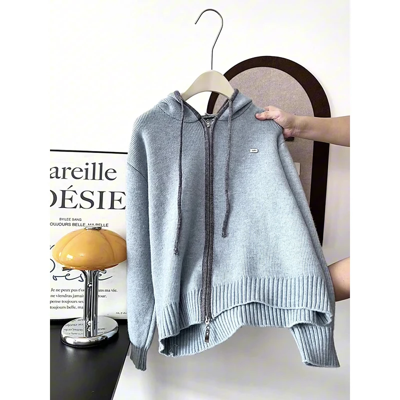 ay الأزرق مقنعين سترة مفتوحة سترة كبيرة الحجم المرأة Dstring محبوك كسول الراقية Sle الخريف الشتاء تخفيف Faion