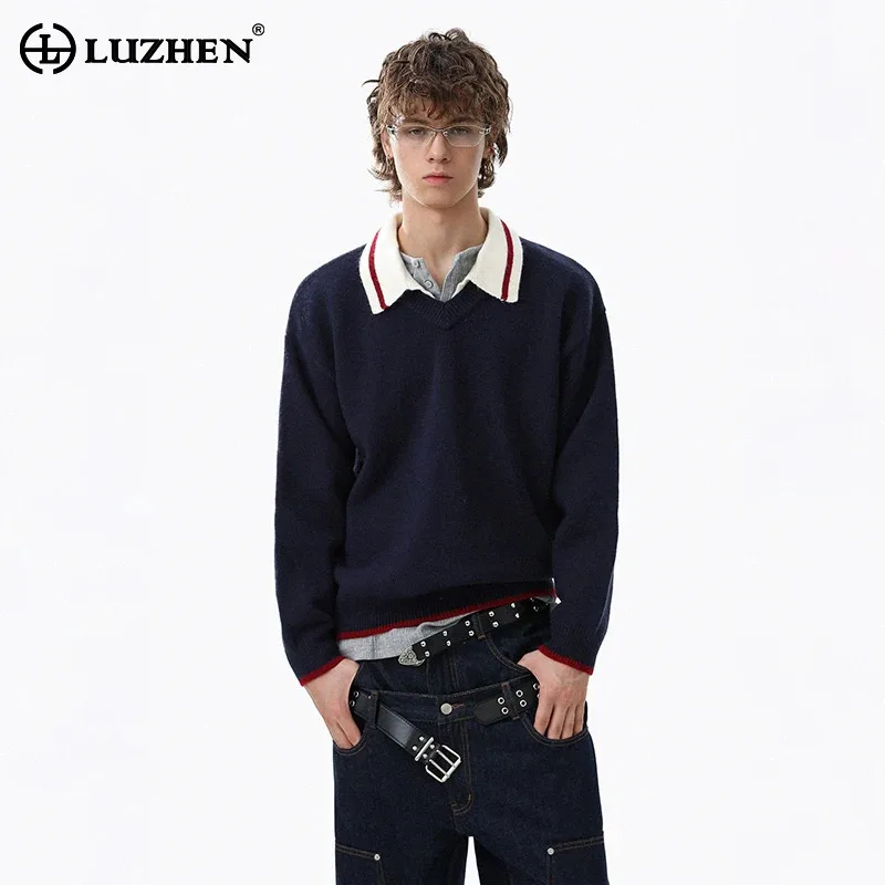

LUZHEN Niche Design Color Contrast Collar Long Sleeve Pullover Shirts Men's 2025 New Elegant Handsome Casual Male Clothes JY5001