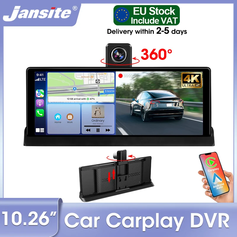 Jansite 10,26 pouces 4K Carplay Lecteur d'écran tactile Android Auto Double caméra Navigation GPS Assistant vocal IA AUX avec support
