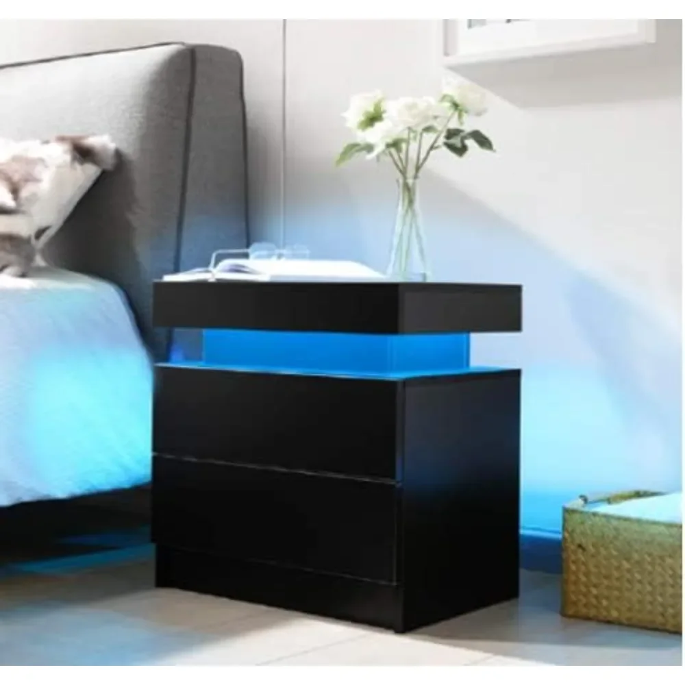 

I-aplus Bedside Table with 2 Drawers, LED Nightstand Wooden Cabinet Unit with Lights for Bedroom, Living Room