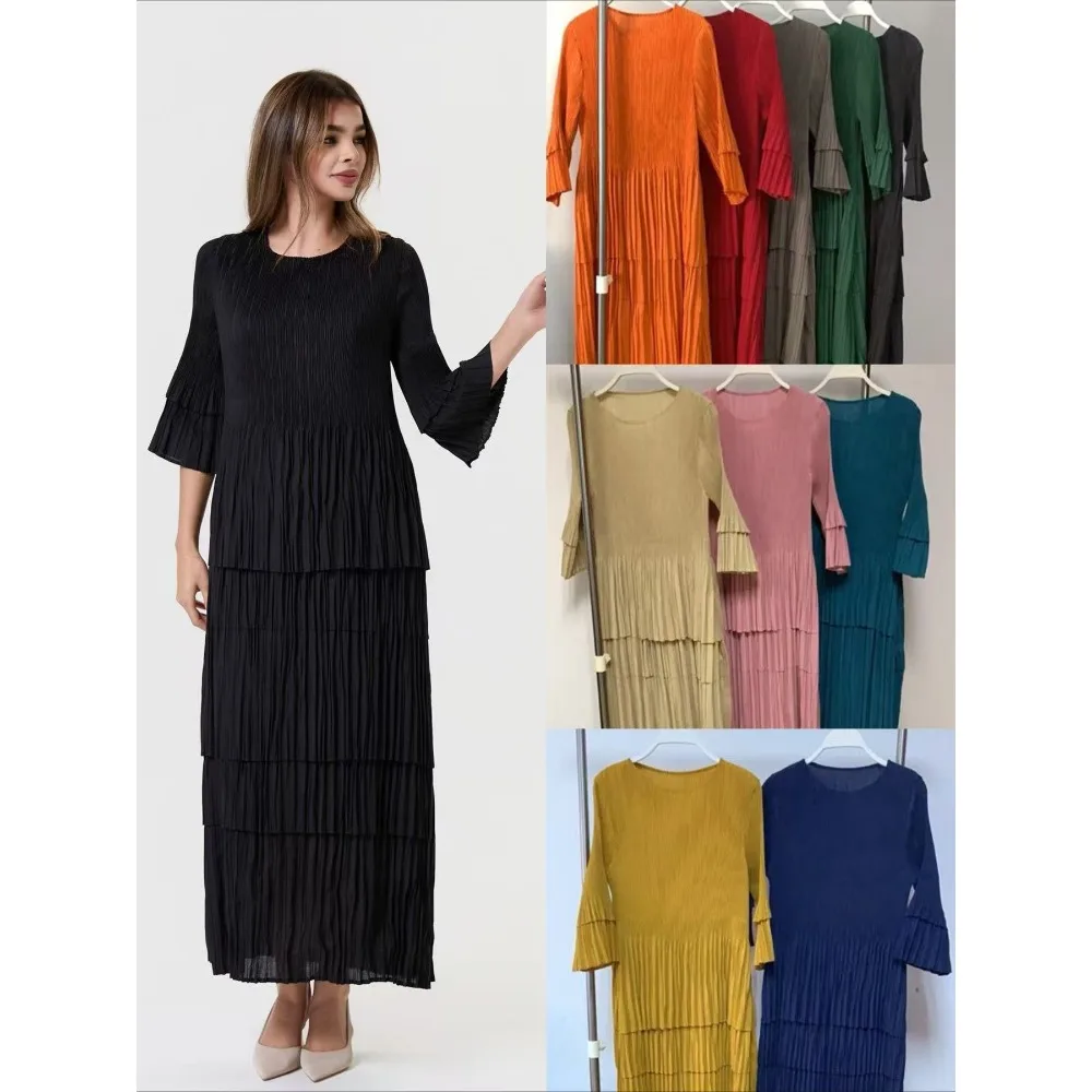 

Miyake Pleated Dress 2025 Seven Quarter Sleeve Round Neck Loose Slimming Fashion Layered Design Sense Long Skirt for Women