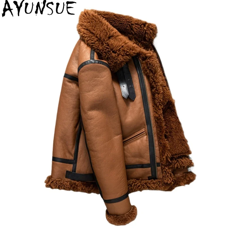 AYUNSUE Classic Genuine Sheepskin Shearling Jacket Warm Winter Fashion Real Fur Coat Lapel Men Clothing Lamb Fur Coats Jackets
