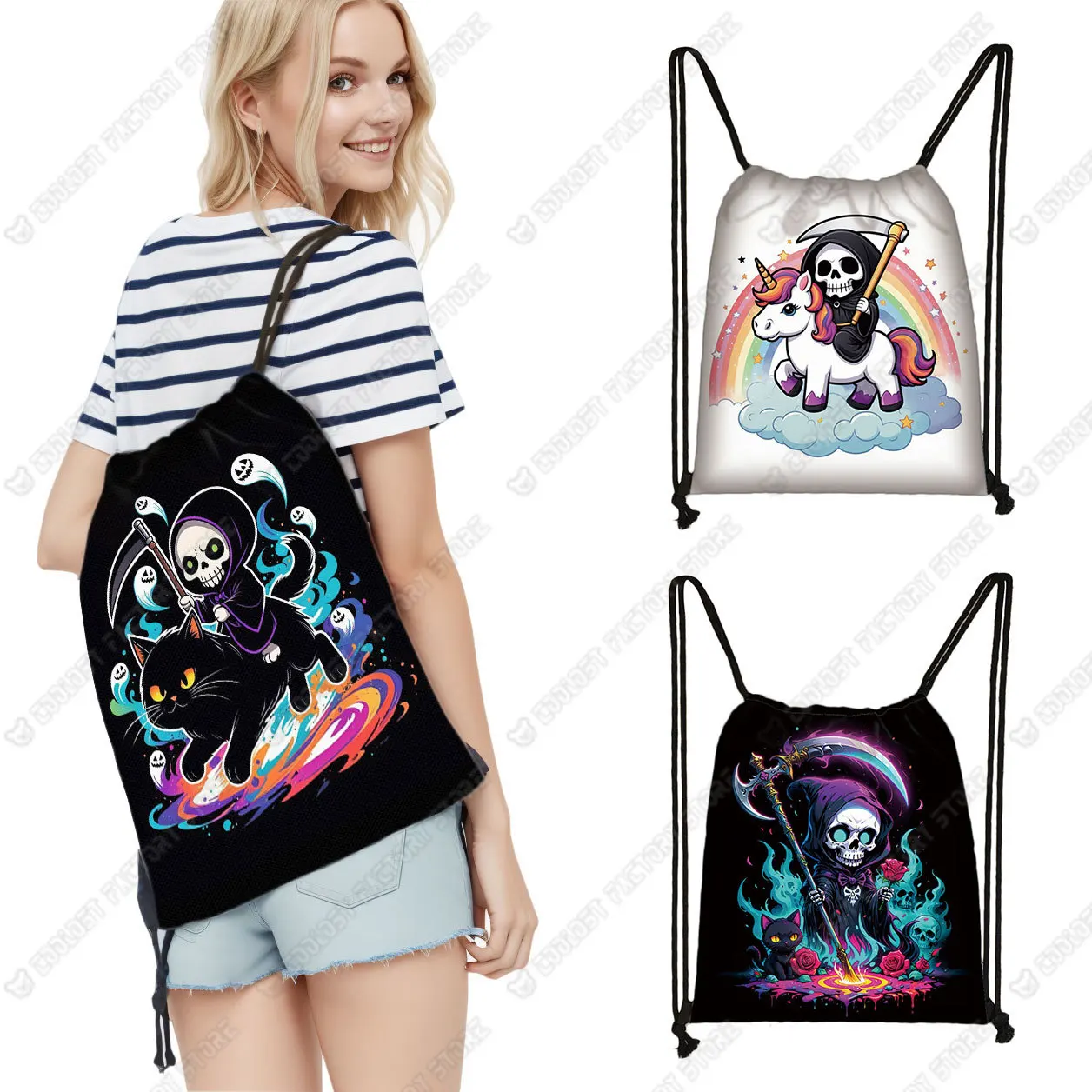 

Cute Grim Reaper and Black Cat Pattern Drawstring Bag Teenager Portable Shoe Storage Bag Backpack Bookbag Shoe Holder