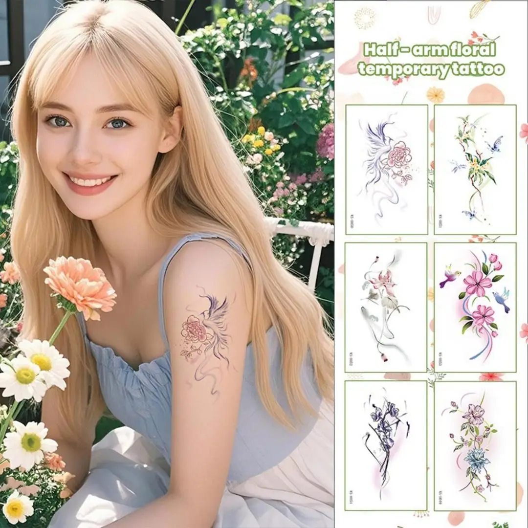 A 6/9 Pieces Realistic Waterproof Floral Shadow Tattoo Stickers, Non-reflective No Glue Body Patches for Adult Arm Neck Bone