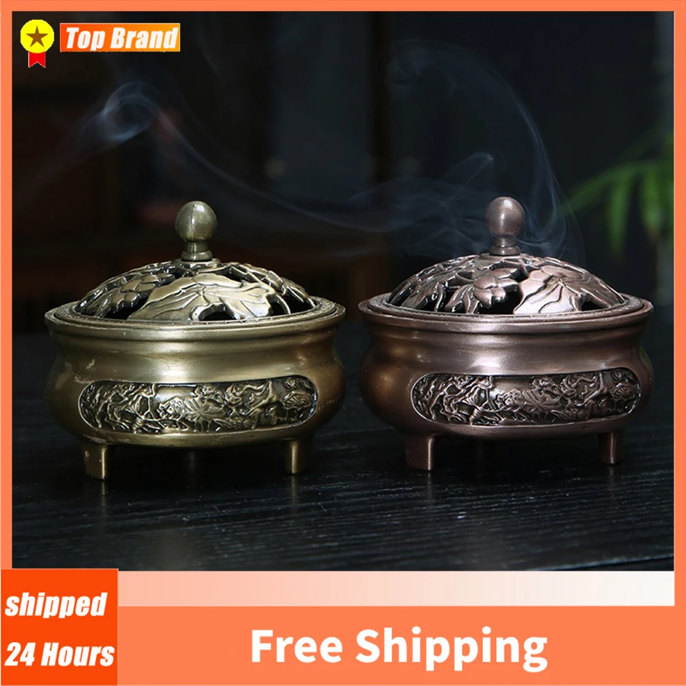 

Vintage Brass Lotus Incense Burner Metal Buddhism Buddha Holder Hollow Out Copper Three Legged Sandalwood Censer Home Decoration