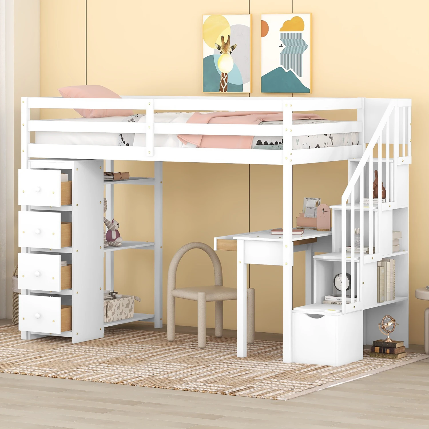 

Twin size Loft Bed with Storage Drawers ,Desk and Stairs, Wooden Loft Bed with Shelves - White