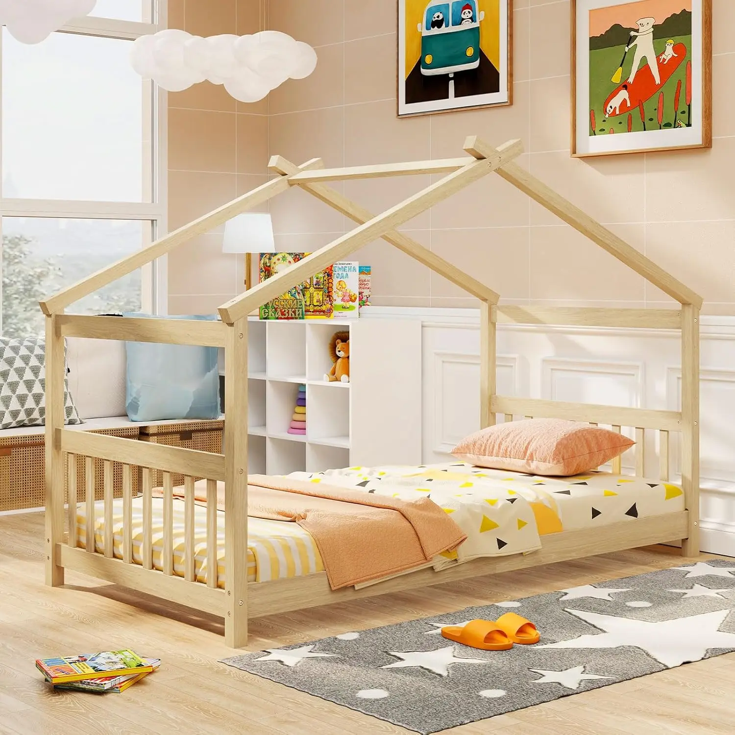 

Twin Solid Wood Kids House Bed with Roof, Headboard & Footboard, No Box Spring Needed, Natural