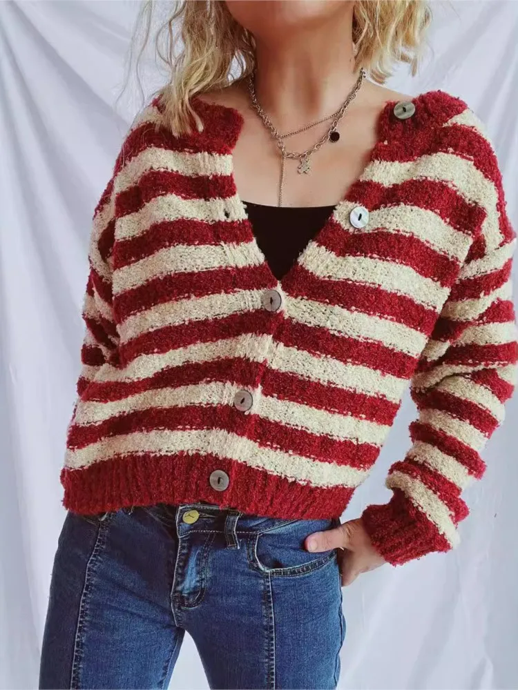 

Women's Design Sense Round Neck Short Long-sleeved Sweater Jacket Top Autumn And Winter Elegant Button Striped Cardigan Sweater