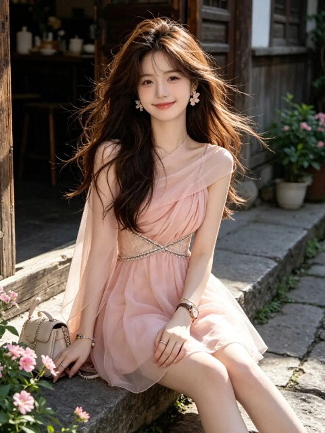 

Gentle Wind Unique Super Cute Waist-Cinching Slim Fit Strap Short Dress Little Design Sense Summer New Arrival Cotton Blend