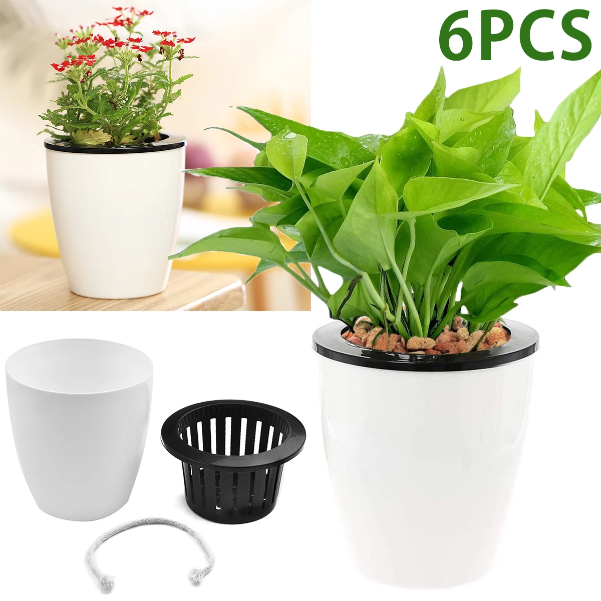 

6 Pack Hydroponic Flower Pot Plastic Self Watering Planter Flowerpot Office Garden Plants Basket Nursery Pots Home Decoration