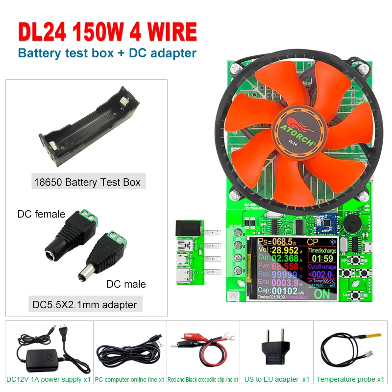 DL24 150W  Power Tester Electronic Load Lithium 18650 Battery Capacity Monitor Discharge Meter Checker +Battery  Box+DC Adapter