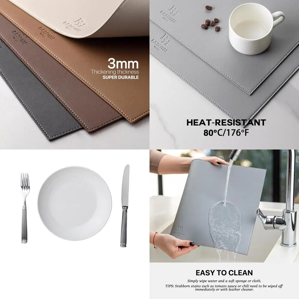 طقم سجاد طاولة من الجلد الصناعي باللون الرمادي مكون من 12 قطعة، قابل للغسل، مقاوم للحرارة، مقاوم للماء، غير قابل للانزلاق، سهل التنظيف للمطبخ وعلامة الطعام
