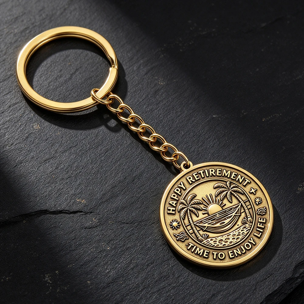 Happy Retirement Keychain Brass 3D Embossed Vintage  Medallion Pendant Stainless Steel Key Chain Retirement Gift for Retiree
