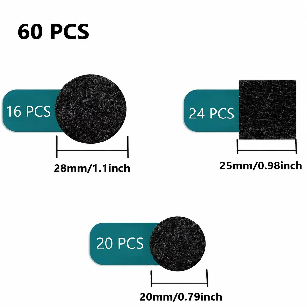 Pack of 60 Self-Adhesive Black Felt Pads for Chairs Furniture Leg Protectors 3mm Thick Pads Anti-Scratch & Noise Reduction