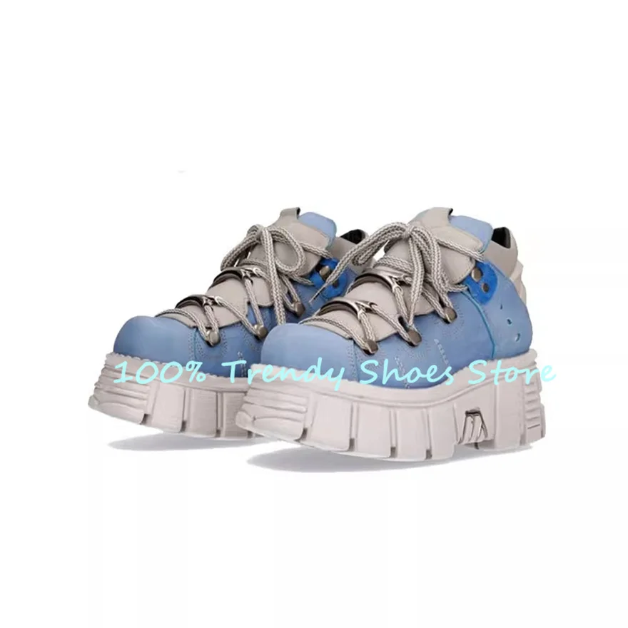 

Punk Rock Chunky Bottom Mixed Color Leather Shoes Women Metal Decor Lace-Up Sneakers Ladies Outside Breathable Leisure Shoes