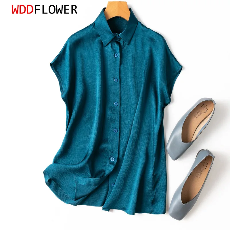 Women 100% Mulberry Silk 20 momme Heavy Silk Peacock Blue Collared Short Sleeve Buttons Down Shirt Top Blouse office work MM567