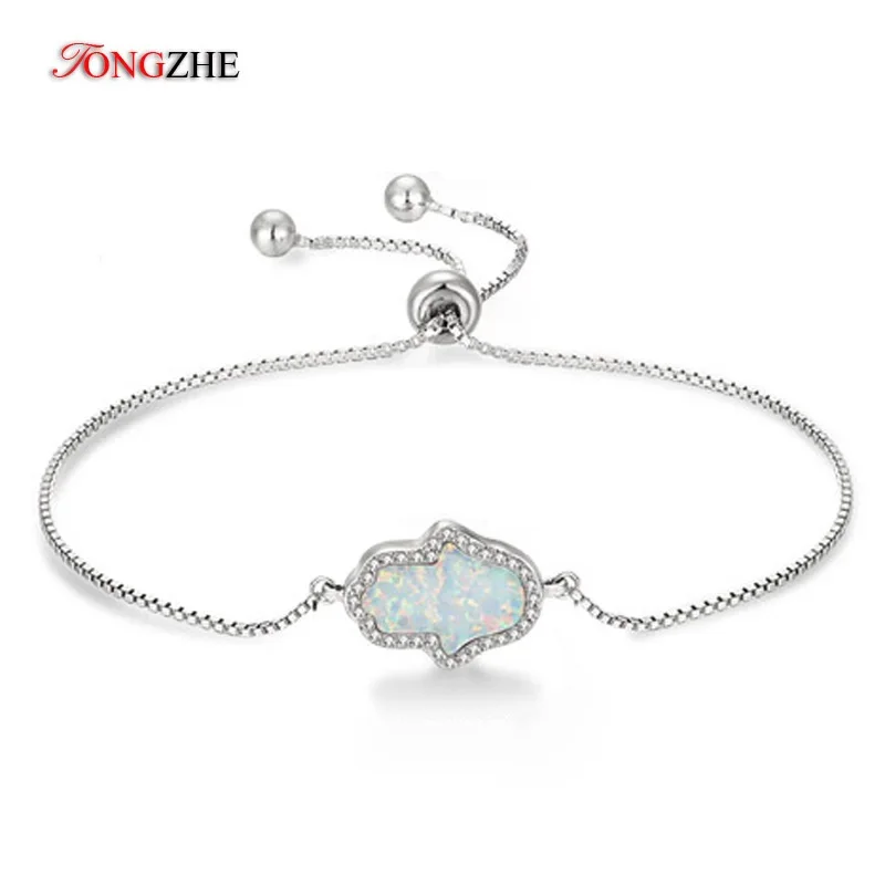 TONGZHE Synthetic Opal Bracelets for Women Hand Bracelet 925 Sterling Silver Jewelry Hamsa Hand of Fatima Fashion Jewelry