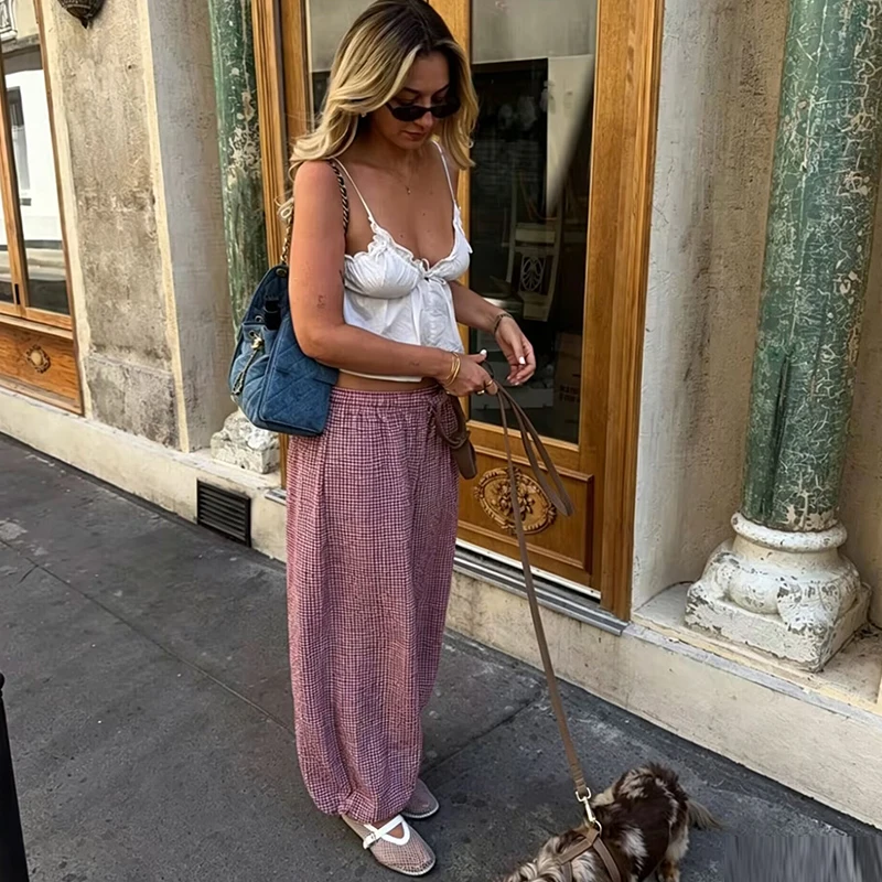 Summer New Women's Pants 2026 Fashion Plaid Youth Elastic Waist Women's High Waist Pants Chic Summer Comfortable Street Pants