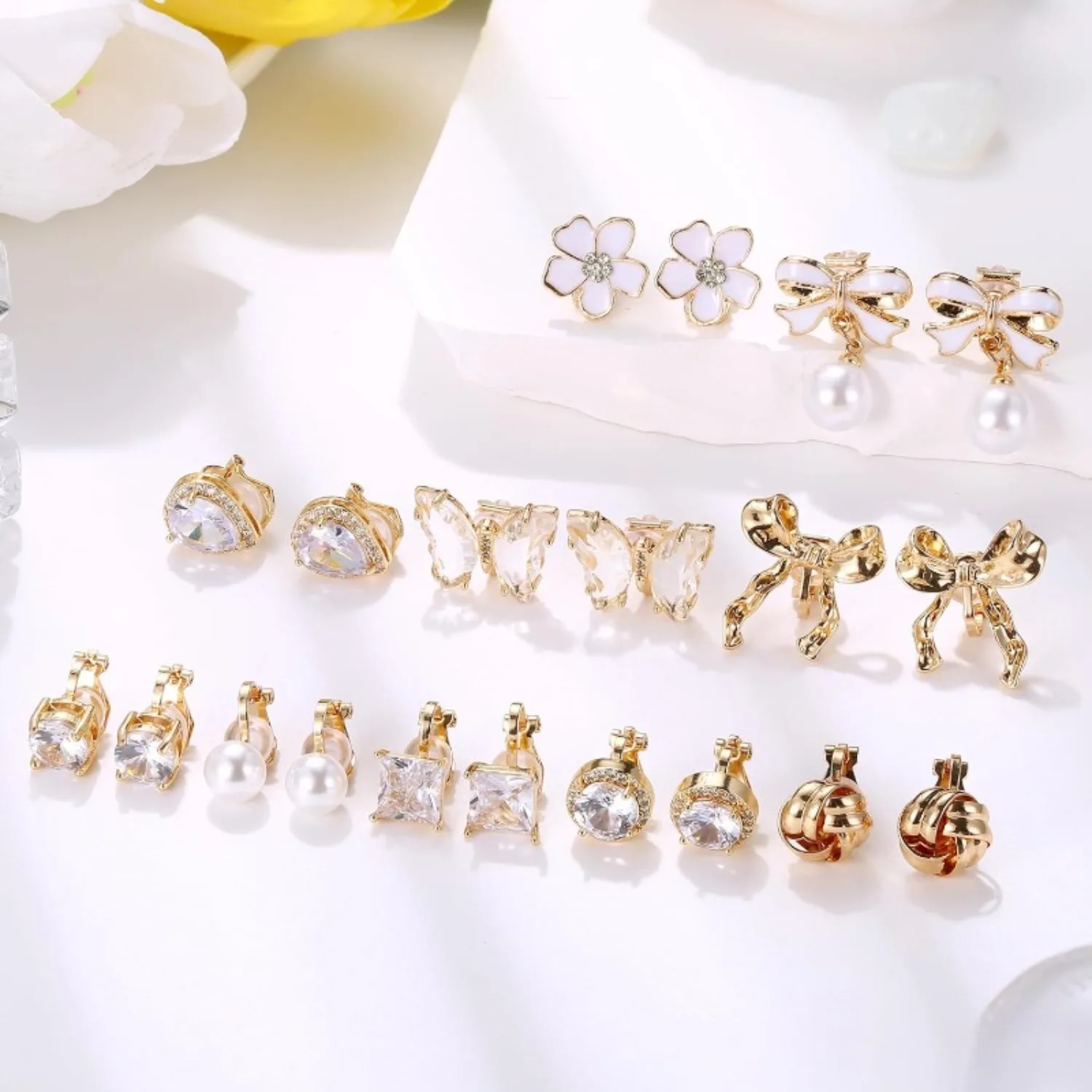 

Florideco Clip on Earrings for Women Dangle Pearl Bow Flower Butterfly Cubic Zirconia Non Pierced Earrings Dainty Jewellry Gift