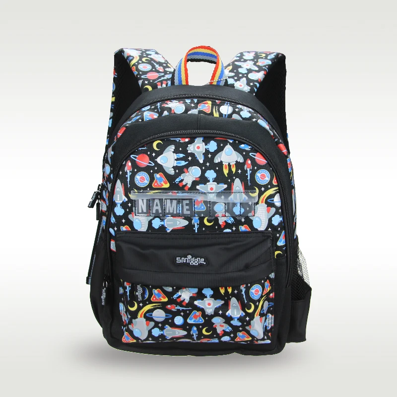 Mochila escolar Original de Australia Smiggle para niños, mochila con tarjeta de nombre, astronauta negro, suministros de cohete, 4-7 años, 14 pulgadas