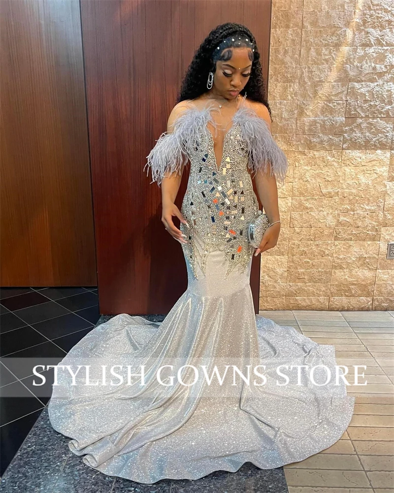 Silver O N Evening Dresses Black Girl Bead Crystal Rhinestone Birthday Party Gown Feather Long Prom Dress Robe De Bal Customized