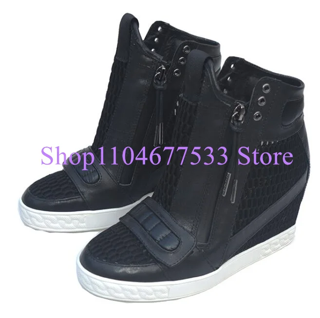 

Mesh 8cm Heel Platform Wedge Shoes Woman Fashion Increasing Heel Casual Shoes Sexy Hollow Out Lady Ankle Boots